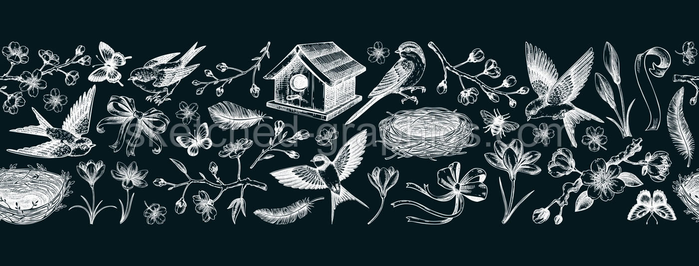 Hand drawn spring background. Seamless ribbon. Flying birds, sakura flowers, birdhouse, saffron chalk drawings. Easter vector pattern. NOT AI generated Illustration